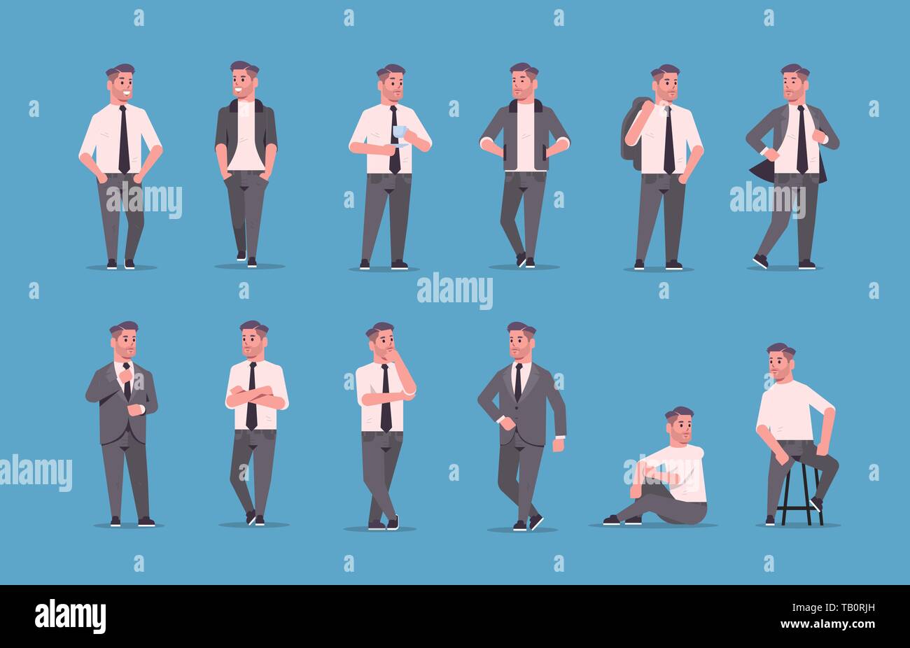 Set Geschäftsleute in formale Abnutzung stehenden unterschiedlichen Posen lächelnd männlichen Zeichentrickfiguren business men Büroangestellte posing Sammlung Flachbild in voller Länge Stock Vektor
