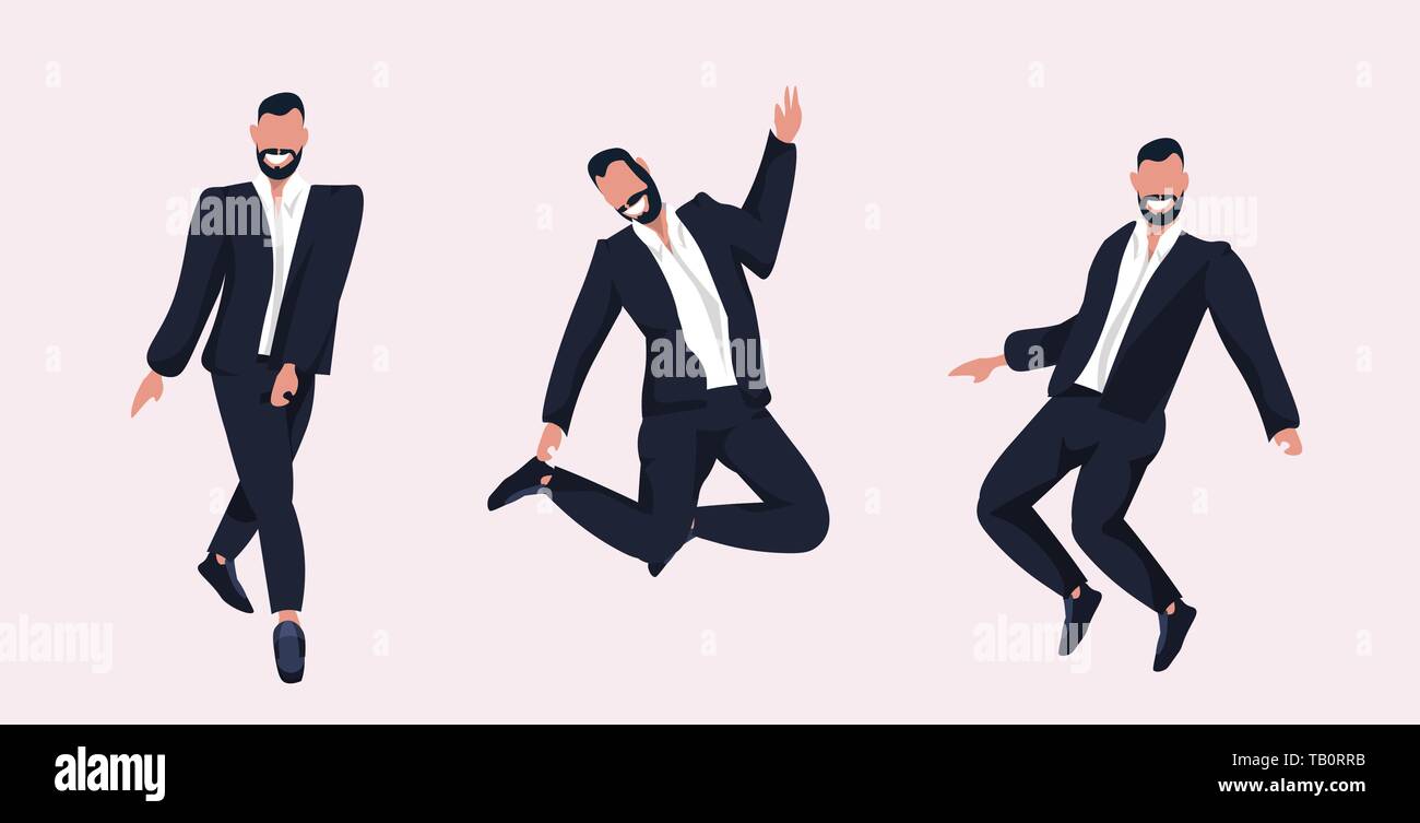 Geschäftsleuten stehen verschiedene Posen lächelnd Business Männer in formale Abnutzung posing männlichen Zeichentrickfiguren Sammlung Flachbild voller Länge horizontal Stock Vektor