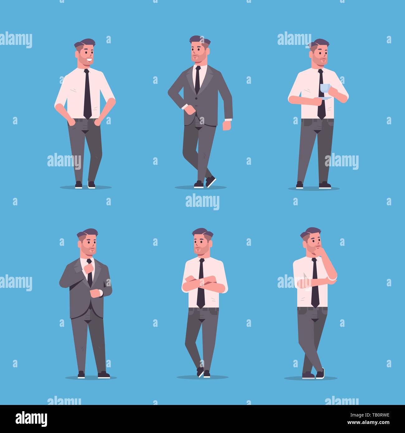 Set Geschäftsleute in formale Abnutzung standing Pose lächelnd männlichen Zeichentrickfiguren business men Büroangestellte posing Sammlung Flachbild in voller Länge Stock Vektor