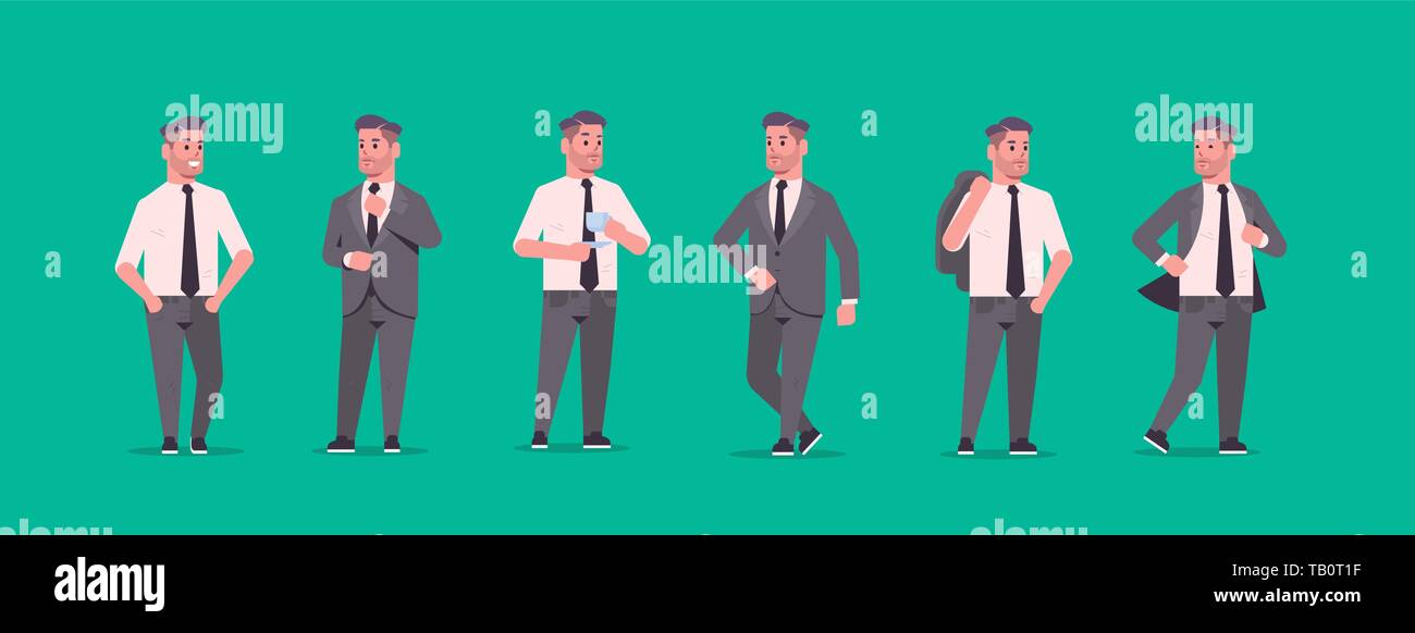 Geschäftsleute in formale Abnutzung stehenden unterschiedlichen Posen lächelnd männlichen Zeichentrickfiguren business men Büroangestellte posing Sammlung Flachbild in voller Länge Stock Vektor