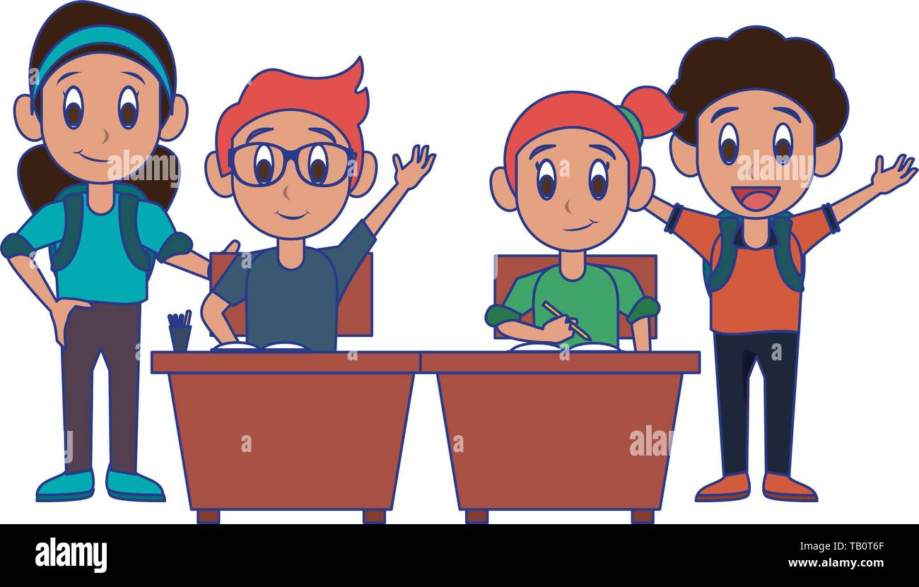 Schüler Kinder in der Schule cartoon blaue Linien Stock Vektor