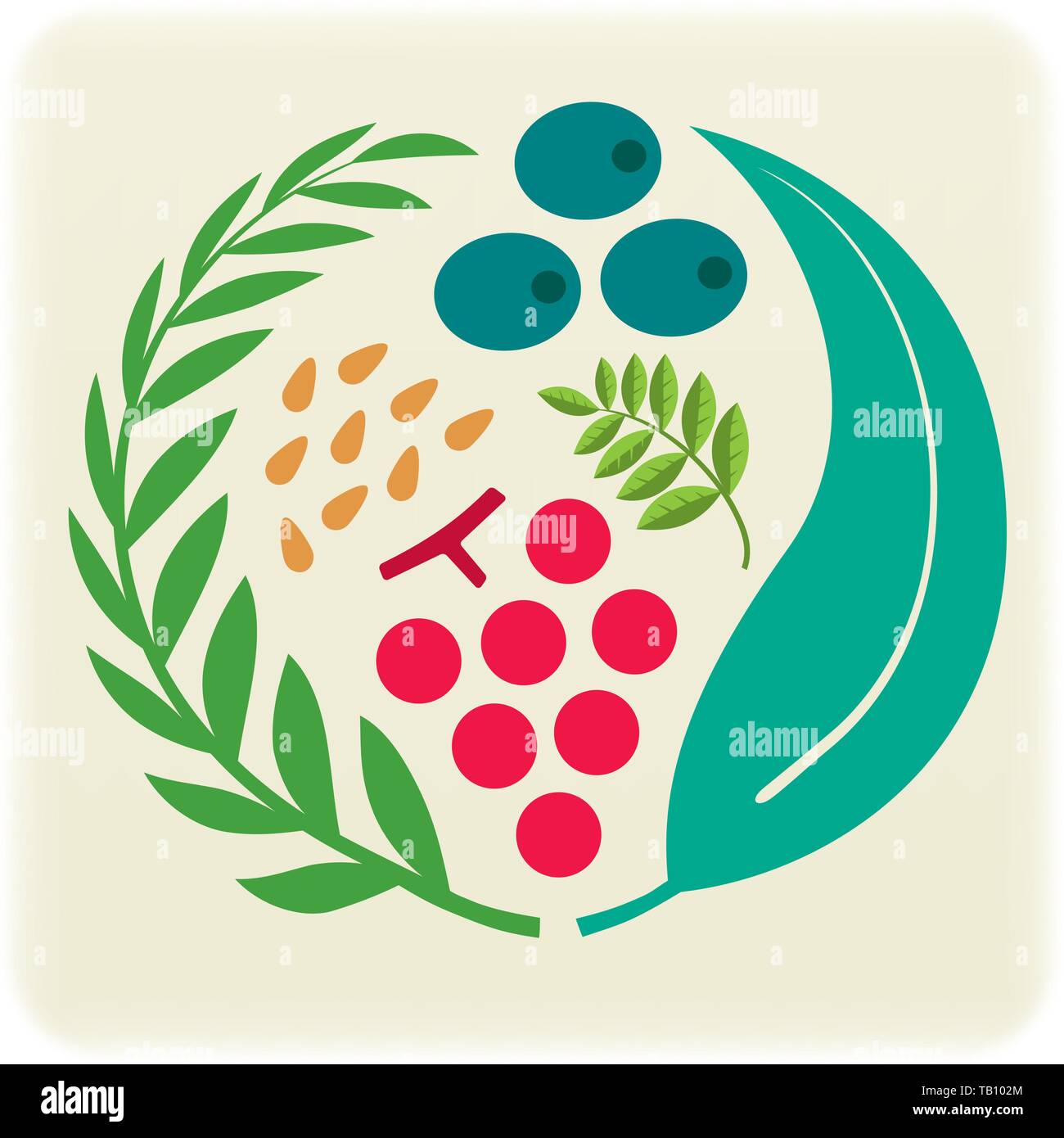 Vector Illustration. Abgerundete Dichtung mit pflanzlichen Symbole. Sinthetic und geometrischen Formen. Stock Vektor