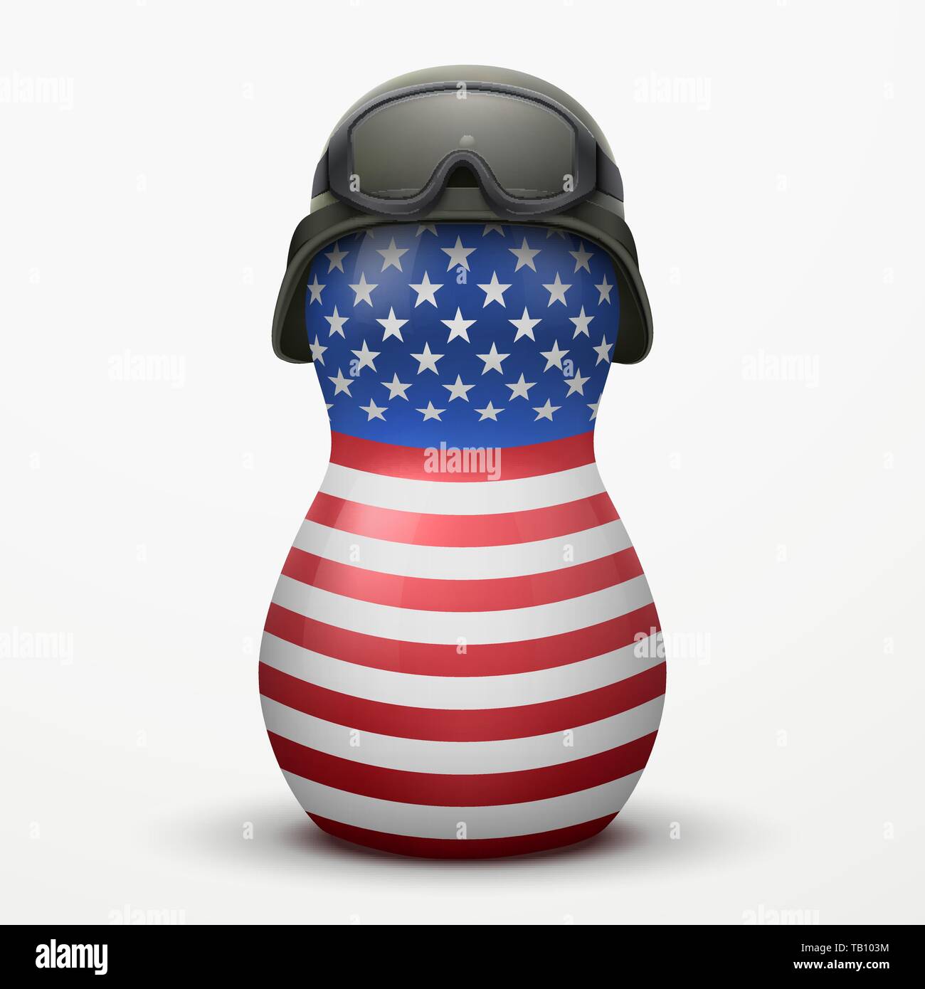Russische Matrjoschka in militärischen Helme und USA-Flagge Farbe. Stock Vektor