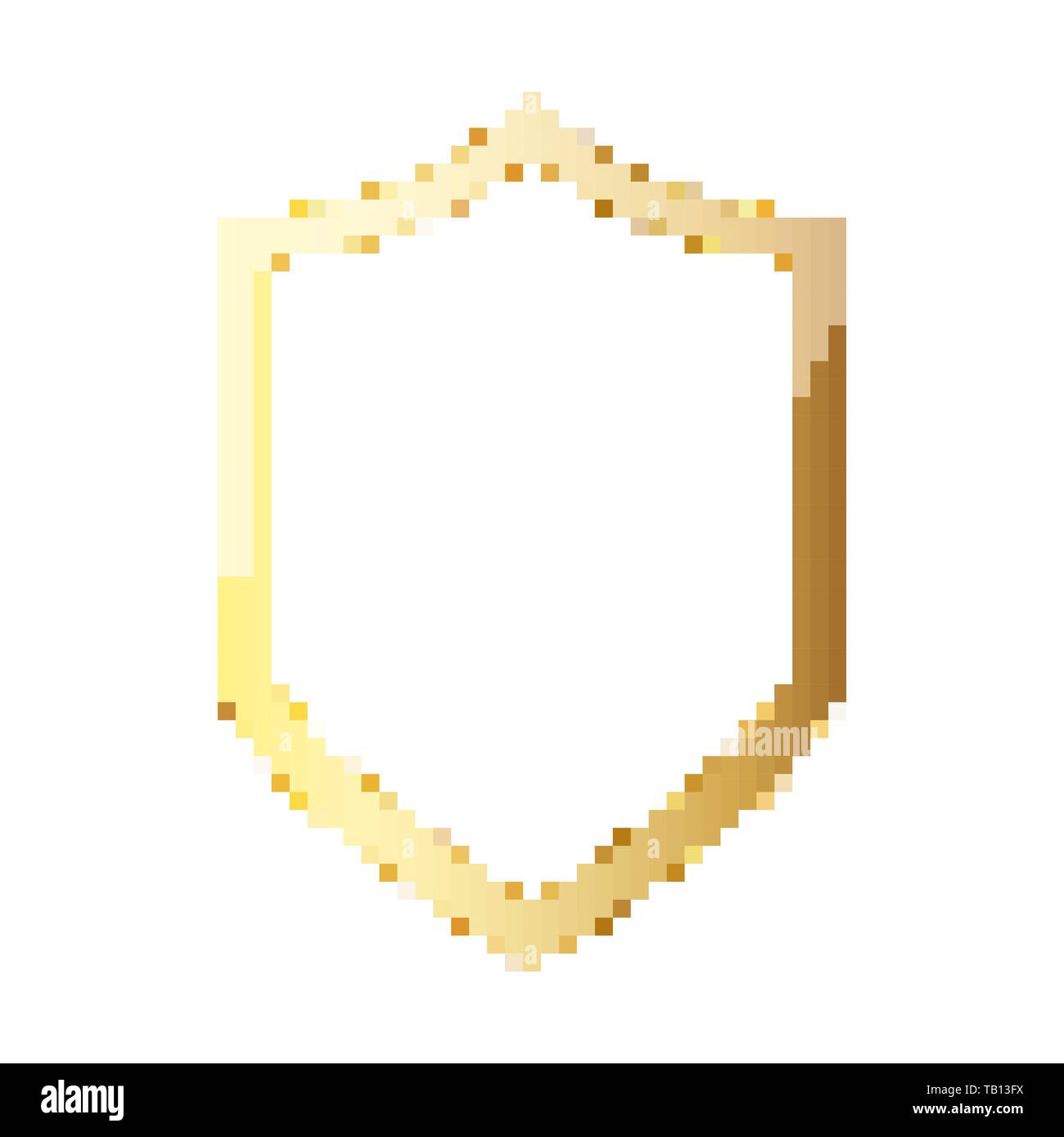 Pixel art Design der Abschirmung. Vector Illustration. Gold Schild Symbol in Pixel style isoliert Stock Vektor
