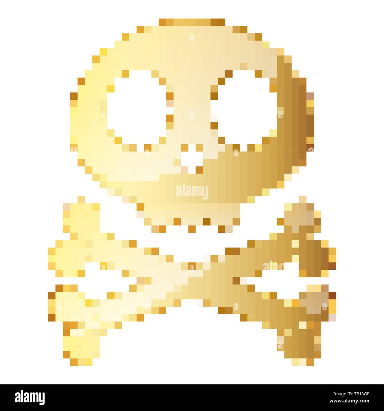 Gold Skull mit Knochen in Pixel art Stil. Vector Illustration. Isolierte menschliche Schädel im flachen Stil Stock Vektor