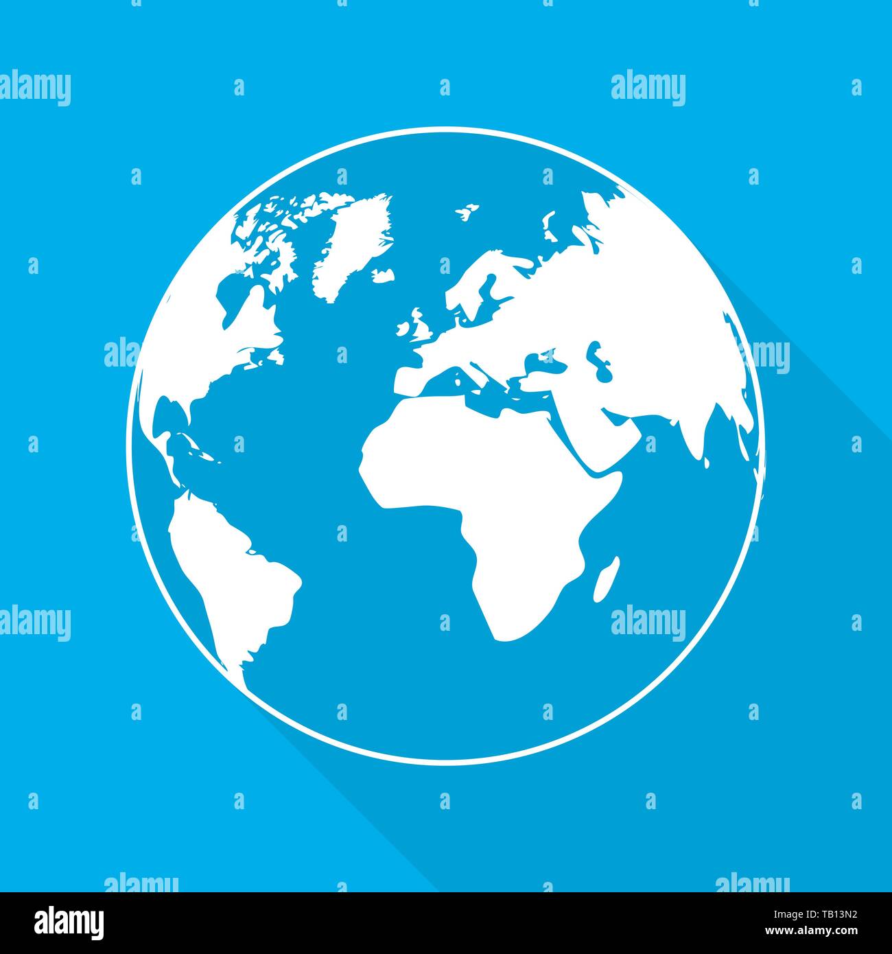 Globus Erde Symbol in flacher Ausführung. Der Planet Erde mit langen Schatten auf einem blauen Hintergrund. Vector Illustration. Stock Vektor