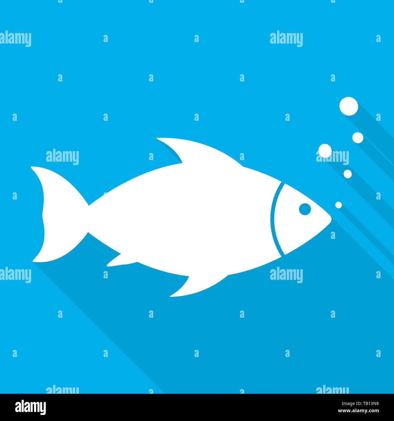 Abstrakte Fisch Symbol mit langen Schatten. Vector Illustration. Fisch Symbol in Flat, auf blauem Hintergrund Stock Vektor