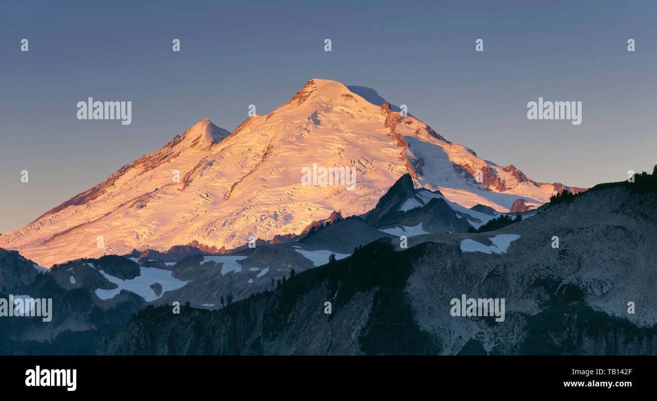 USA, Washington, Mt. Baker Snoqualmie National Forest, Sunrise Licht auf Gletscher-plattiert Nordosten des Mt. Baker in Mt. Baker Wilderness. Stockfoto