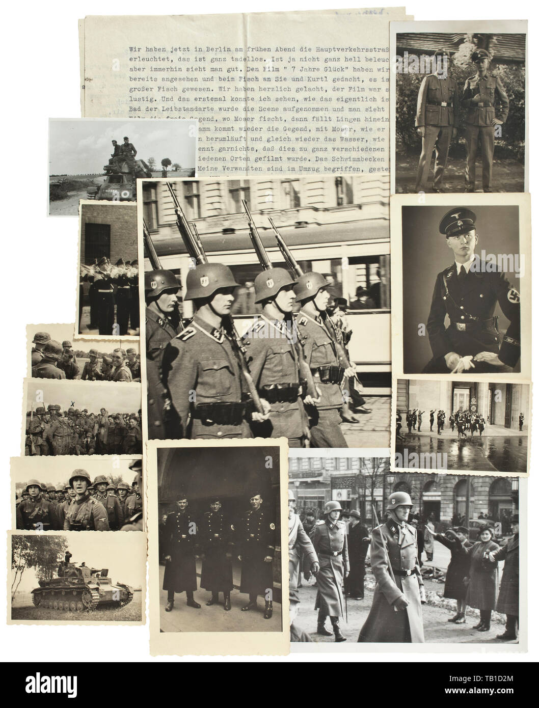 Ein großes Foto Gruppierung von Mitglied der SS Infanterieregiment Nr. 2 Im SS Panzergrenadier Division Leibstandarte Adolf Hitler, die circa 550 Fotos reverse Inschriften in den meisten Fällen haben und sind in den Größen von 6 x 7 cm, 13 x 18 cm. Themen umfassen die Ausbildung, zum Teil an der Junker Schule in Braunschweig, Service in Berlin, darunter seltene Bilder direkt aus der Neuen Reichskanzlei, und vorwiegend in Frankreich und Russland. Ausgezeichnete gleichmäßige-bezogene Material (camo Uniformen), Gräben, Tanks und Fahrzeuge, Preisverleihungen, Paraden. Porträts mit c, Editorial-Use - Nur Stockfoto