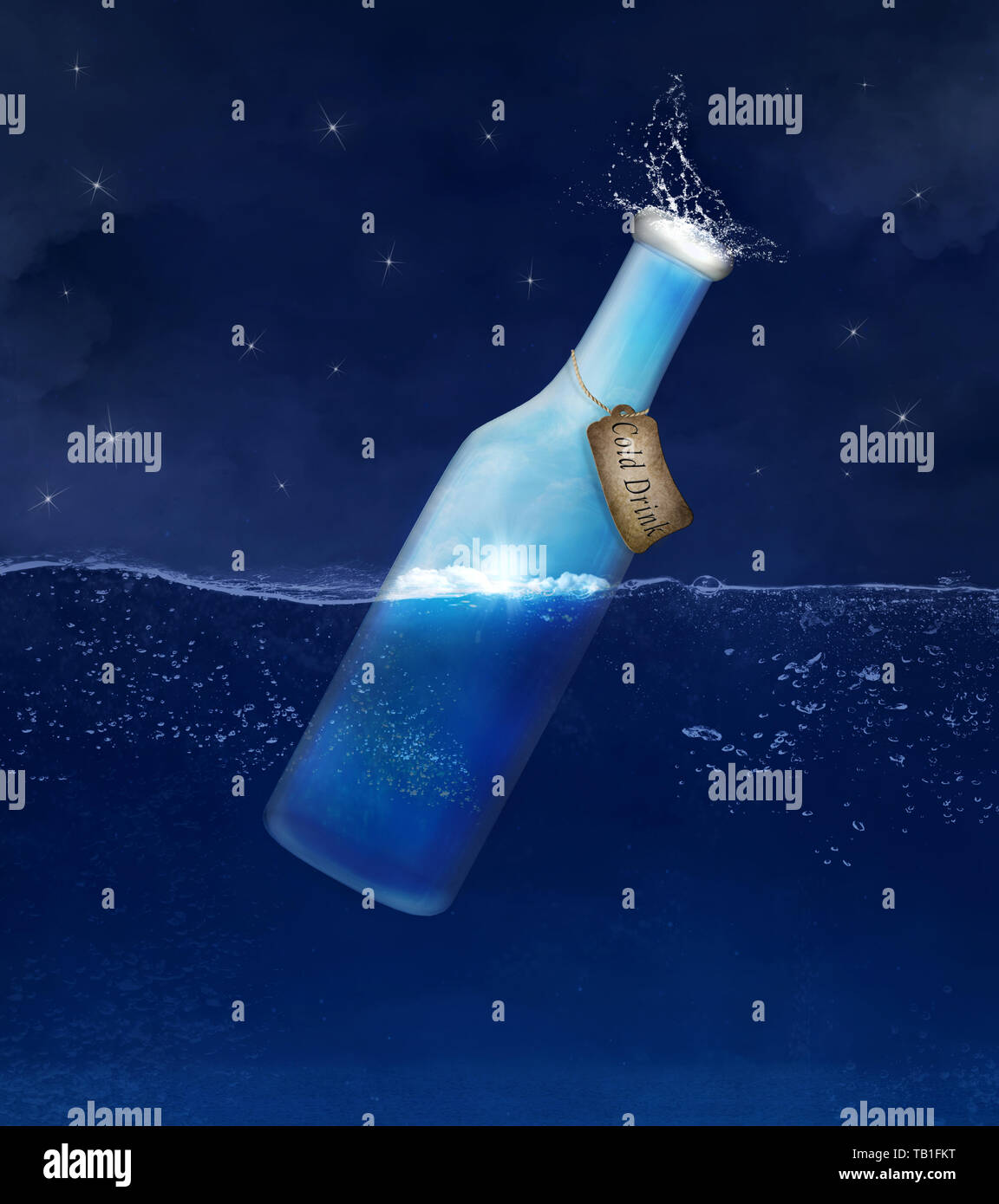 Kaltes Getränk Flasche schweben im blauen Meer Stockfoto