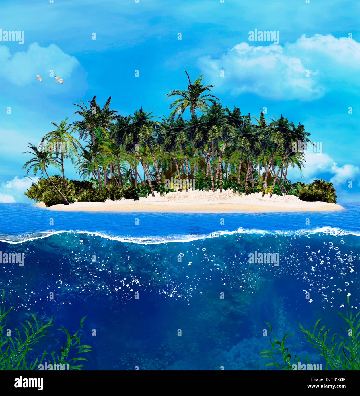 Tropische Insel mit Palmen und Kokospalmen Stockfoto