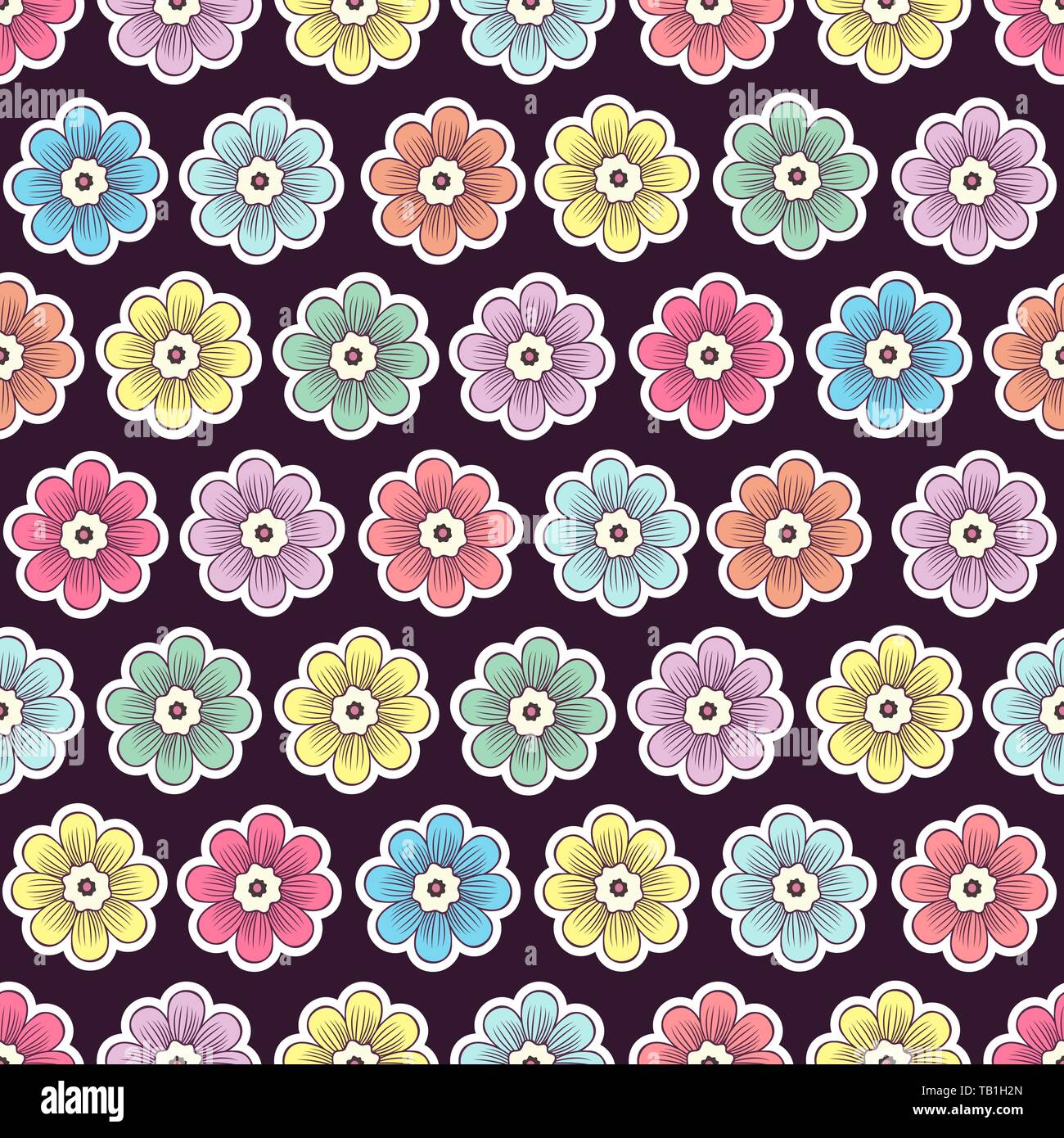 Doodle Blumen nahtlose Muster, bunt floral background. Mit weißem Strich Knospen auf dunklem Hintergrund, von Hand zeichnen, Ornament für Stoff Bunt d Stock Vektor