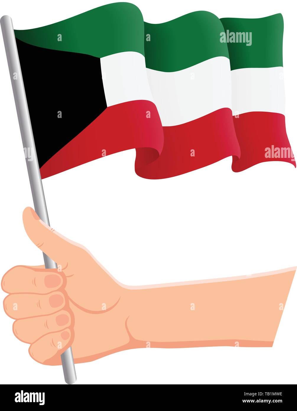Hand halten und die Nationalflagge Kuwaits schwenken. Fans, Unabhängigkeitstag, patriotisches Konzept. Vektordarstellung Stock Vektor