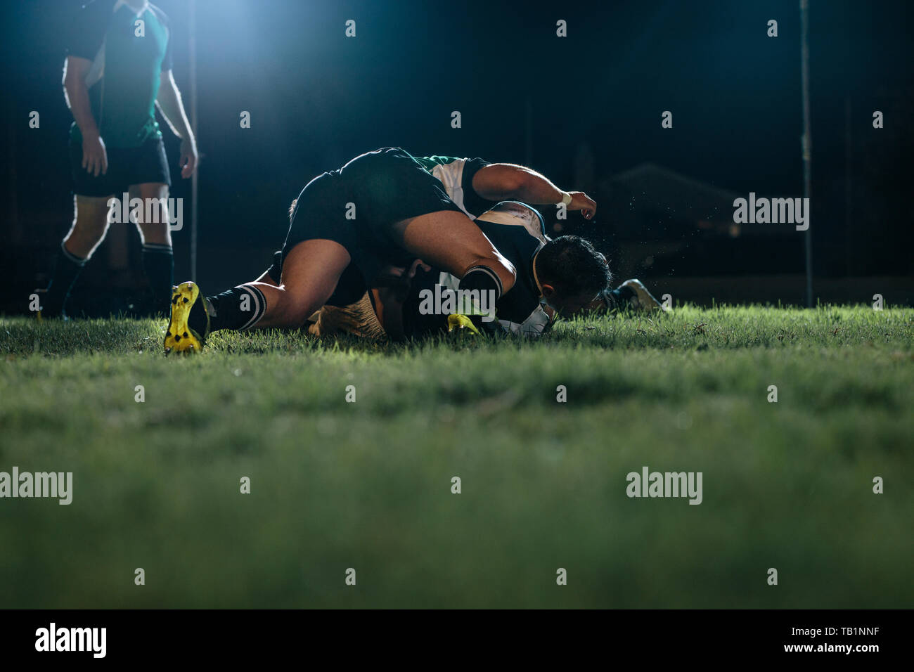 Starke Rugbyspieler kämpfen im Stadion um Ball. rugby-Team, das in der Sportarena beim Nachtspiel nach Ball sucht. Stockfoto