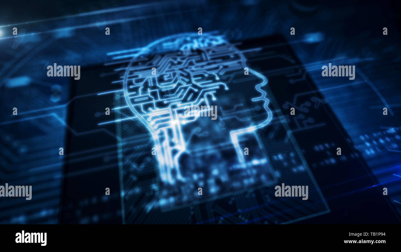 Künstliche Intelligenz, Maschinelles Lernen, kybernetische Gehirn und Analyse Konzept mit ai Kopf Hologramm über funktionierende cpu im Hintergrund. Kreislauf B Stockfoto