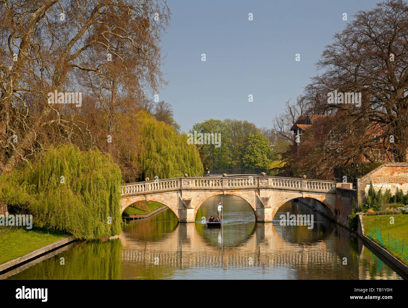 Punting auf dem Fluss Cam, Clare Bridge, Cambridge, England, Großbritannien Stockfoto