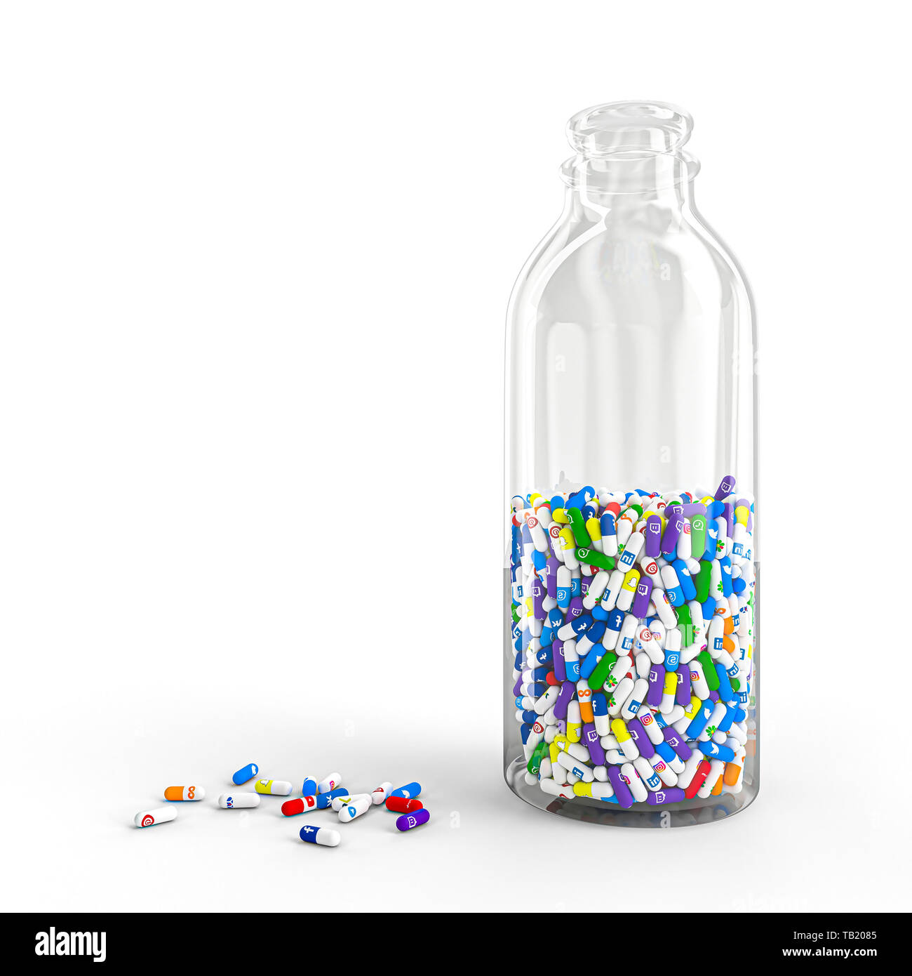 Mailand, Italien - 29. Mai 2019: Pillen von verschiedenen Typen und Größen in einer Flasche mit dem Logo der bekanntesten sozialen Netzwerken. 3D-Bild gerendert werden. Editor Stockfoto