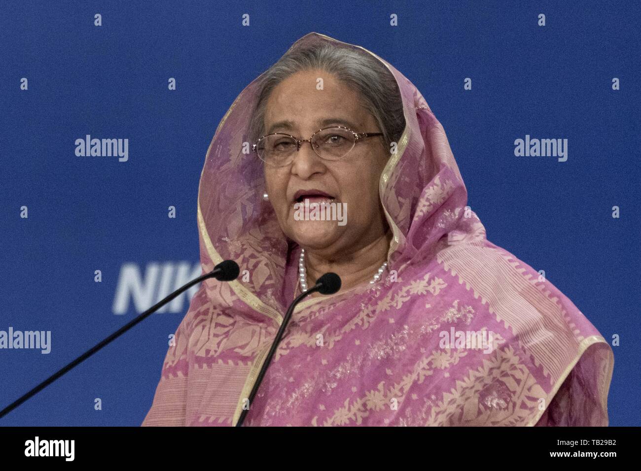 Tokio, Japan. 30 Mai, 2019. Premierminister der Volksrepublik Bangladesch, Sheikh Hasina spricht während der 25. Internationalen Konferenz über die Zukunft von Asien in Tokio. Die jährliche Veranstaltung lädt Führungskräfte aus asiatischen Ländern für zwei Tage zu Fragen, die ihre Länder einschließlich der transpazifische Partnerschaft Trade Agreement (TPP) und der Einfluss der US-China trade Krieg betreffen diskutieren. Das Thema in diesem Jahr ist ''seeking eine neue globale Ordnung - die Überwindung der Chaos" Credit: Rodrigo Reyes Marin/ZUMA Draht/Alamy leben Nachrichten Stockfoto