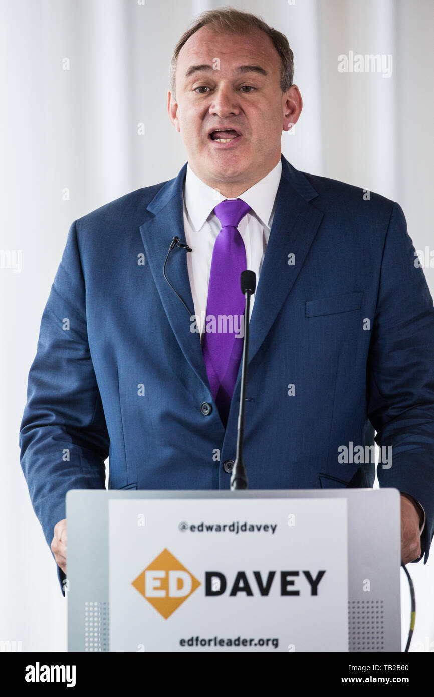 London, Großbritannien. 30. Mai, 2019. Ed Davey, Liberaldemokratischen MP für Kingston und Surbiton und ehemaliger Minister für Energie und Klimawandel, bei der Rede in London, als er seine Kampagne für die Parteiführung startet nach der hervorragenden Ergebnisse für die Partei in den letzten Europa- und Kommunalwahlen. Credit: Mark Kerrison/Alamy leben Nachrichten Stockfoto