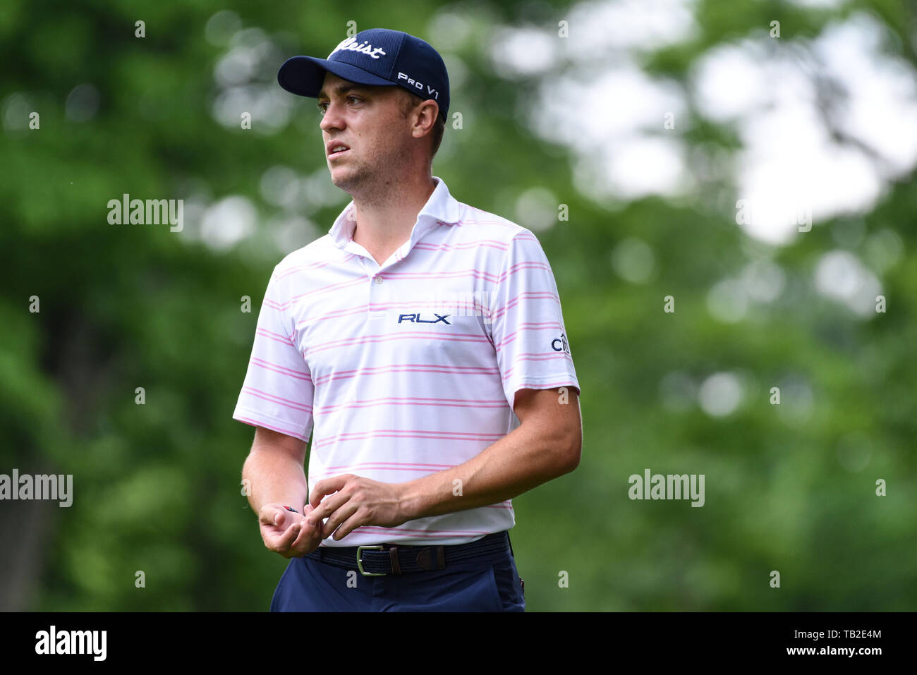 Mai 30, 2019: Justin Thomas ist in der ersten Runde spielen am Memorial Day 2019 Turnier durch Allgemein bei Muirfield Village Golf Club in Dublin, OH dargestellt gesehen. Austyn McFadden/CSM Stockfoto