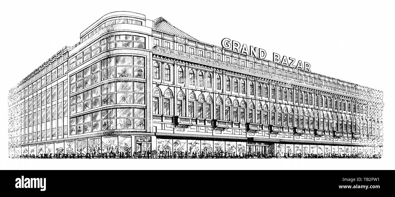 Detail, Le Grand Bazar de la Place Saint Lambert, historische Aktien aus Belgien, Zeichnung aus den 50er Jahren, das Einkaufszentrum in Lüttich; Le Grand Bazar de la Place Saint Lambert, Lüttich, Belgien; Europa Stockfoto