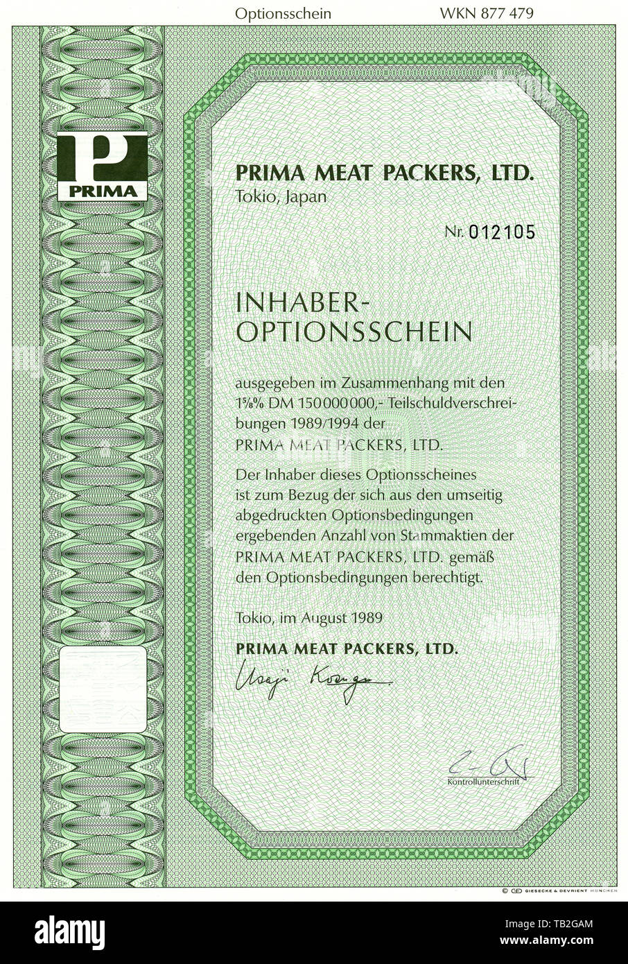 Japanische Träger rechtfertigen, Deutsche Mark, Historisches Wertpapier, japanischer Inhaber-Optionsschein, Deutsche Mark, DM, Branche: Sterben, Verarbeitung und Verpackung von Fleischwaren wie Schinken, Würste, Frischfleisch, Tierfutter, Getränke, Fisch, Restaurants, Prima Meat Packers beschränkt, 1989, Tokio, Japan Stockfoto