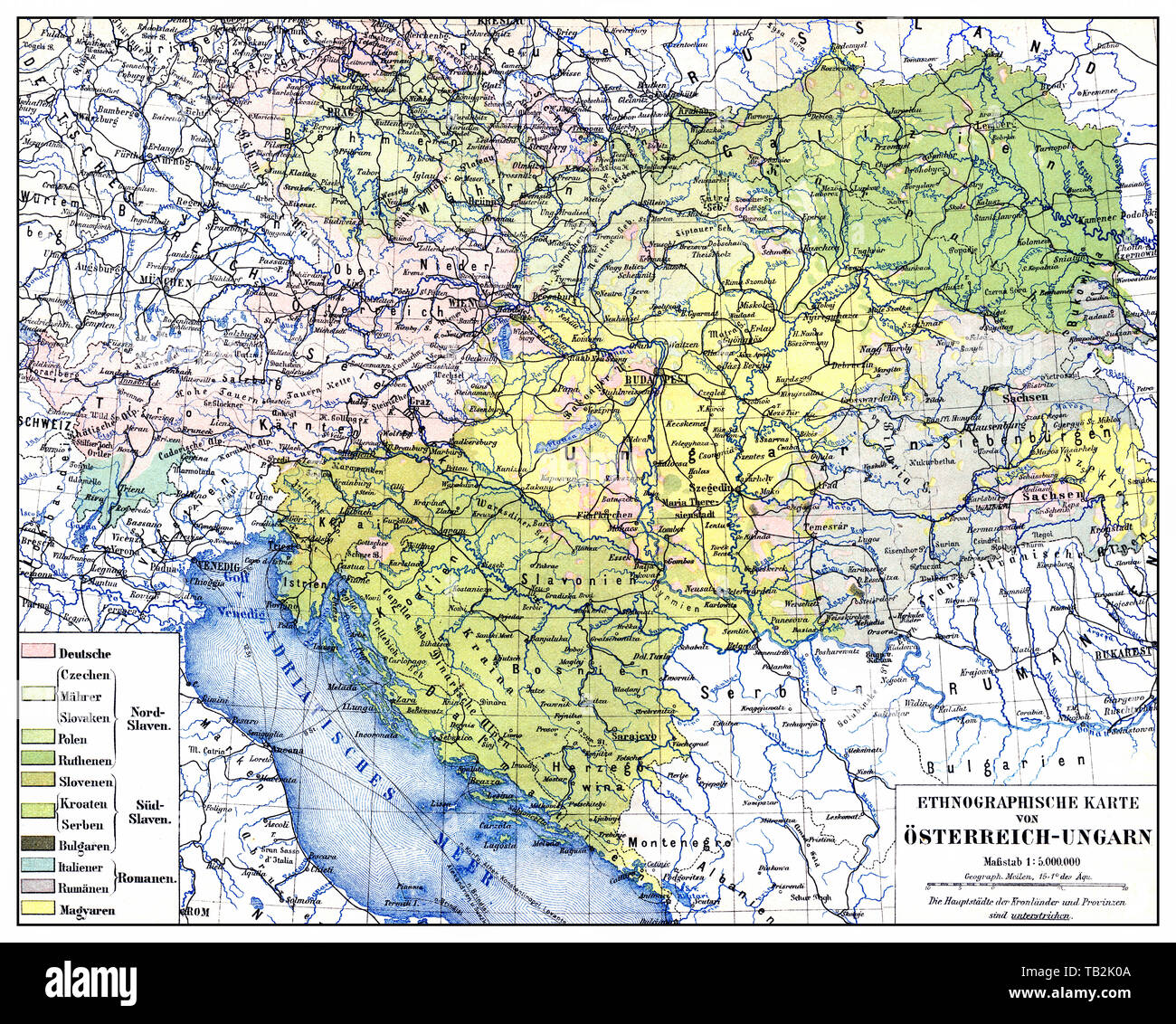 Historische ethnologische Karte von Österreich-ungarn, Doppelmonarchie oder kuk Monarchie, für den Zeitraum zwischen 1867 und 1918, ethnische Gruppen wie Deutsche, Slowaken, Mähren, Tschechen, Polen, Serben, Kroaten etc, 19. Jahrhundert, Historische, zeichnerische Darstellung, Landkarte, Plan, ethnologischen Karte von von Österreich-Ungarn, oder k. u. k. Doppelmonarchie oder Donaumonarchie für den Zeitraum zwischen 1867 und 1918, volkgruppen wie Deutsche, Slovaken, Mährer, Czechen, Polen, Serben, Kroaten, etc., 19. Jahrhundert, aus Meyers Konversations-Lexikon, 1889 Stockfoto