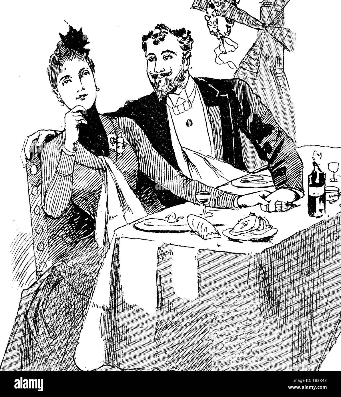 Vintage Karikatur: Paar mit träumenden Augen im Urlaub zum Abendessen Stockfoto