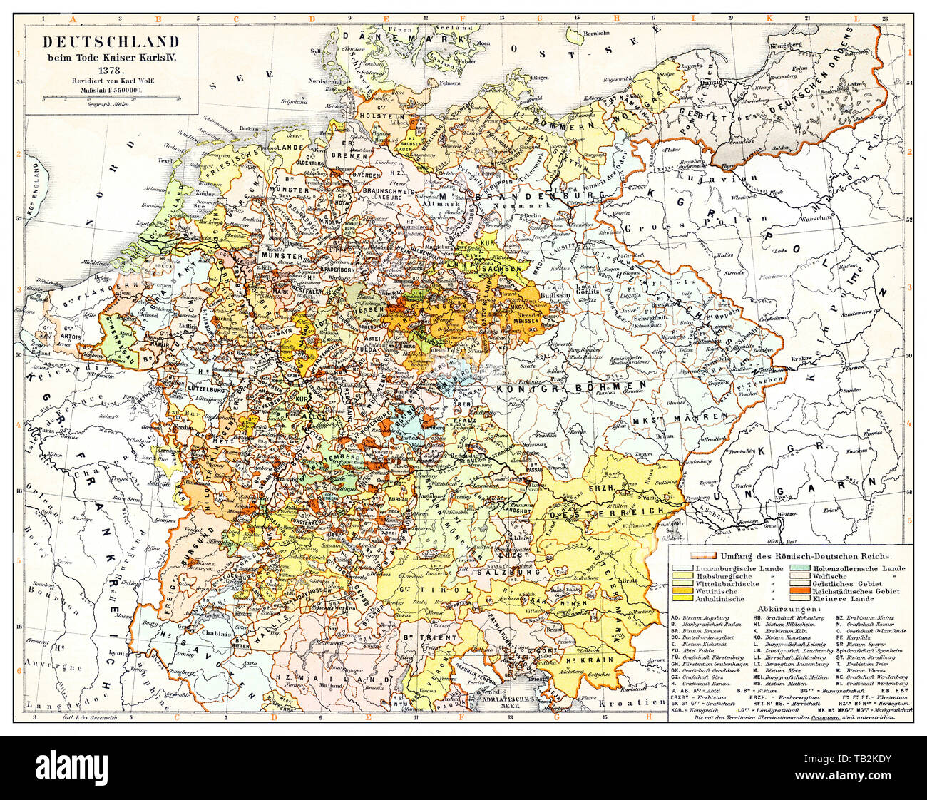 Historische Karte von Deutschland und Europa nach dem Tod von Kaiser Karl IV., 1378, aus dem 14. Jahrhundert, Historische, zeichnerische Darstellung, Landkarte von Deutschland und Europa nach dem Tod von Kaiser Karl IV., 1378, Stockfoto