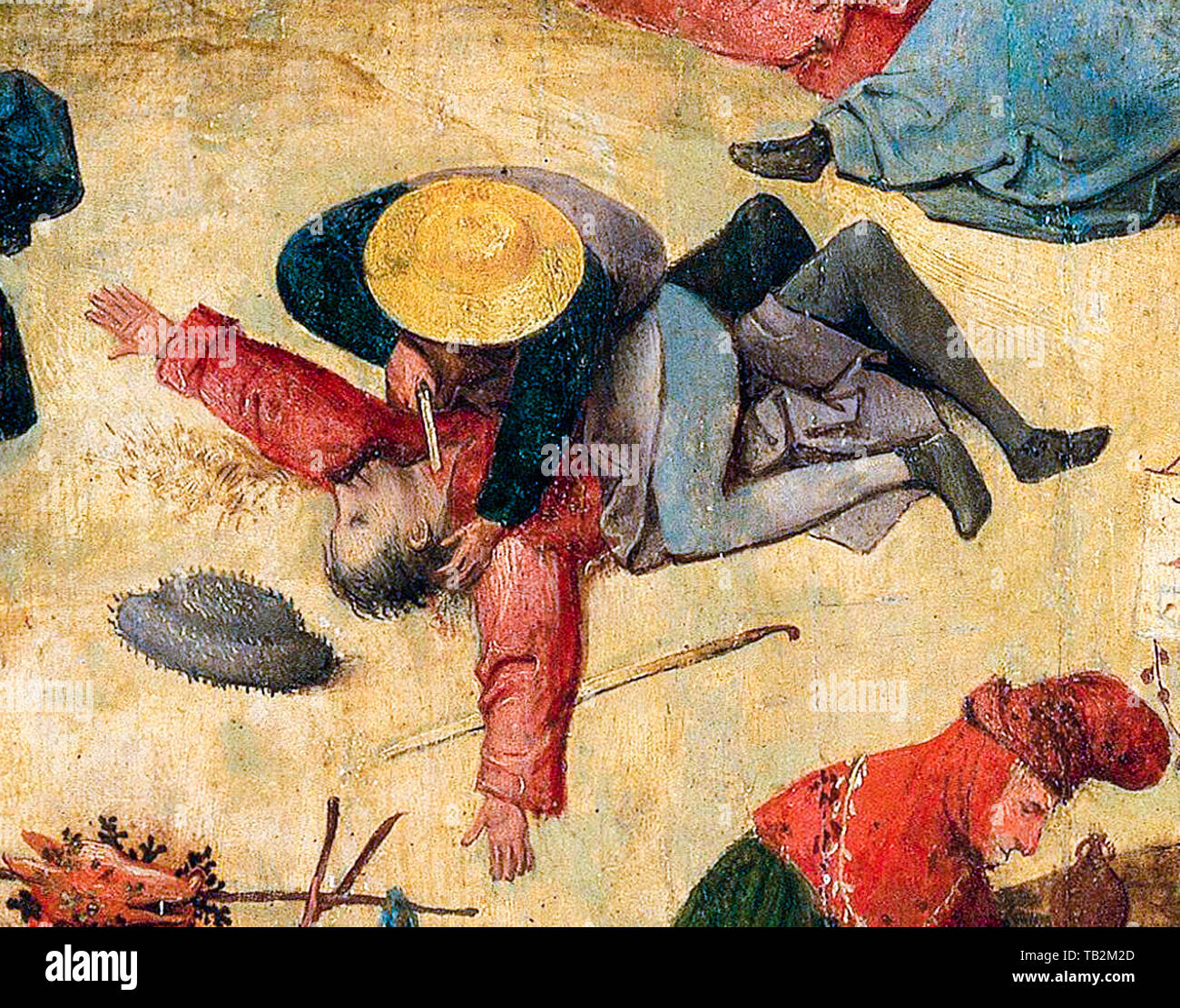 Hieronymus Bosch, The Hay Wagon (Prado), zentrale Tafel, Detail, Mann schneidet einem anderen Mann mit einem Messer die Kehle, Mord, Malerei, um 1516 Stockfoto