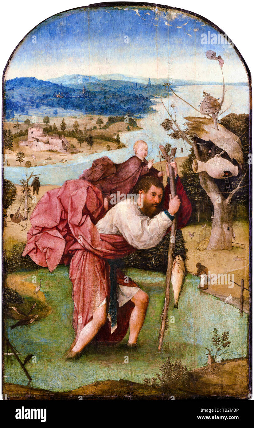 Hieronymus Bosch, St. Christopher Carrying the Christ Child, altniederländische Malerei, um 1496 Stockfoto Hieronymus Bosch, St. Christopher Carrying the Christ Child, altniederländische Malerei, um 1496 Stockfoto