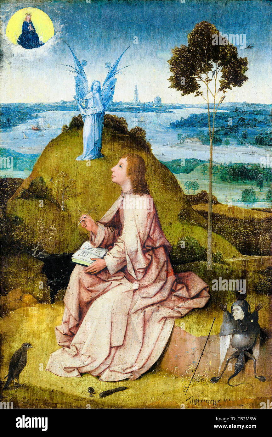 Hieronymus Bosch, der Heilige Johannes der Evangelist auf Patmos, Malerei, ca. 1489 Stockfoto