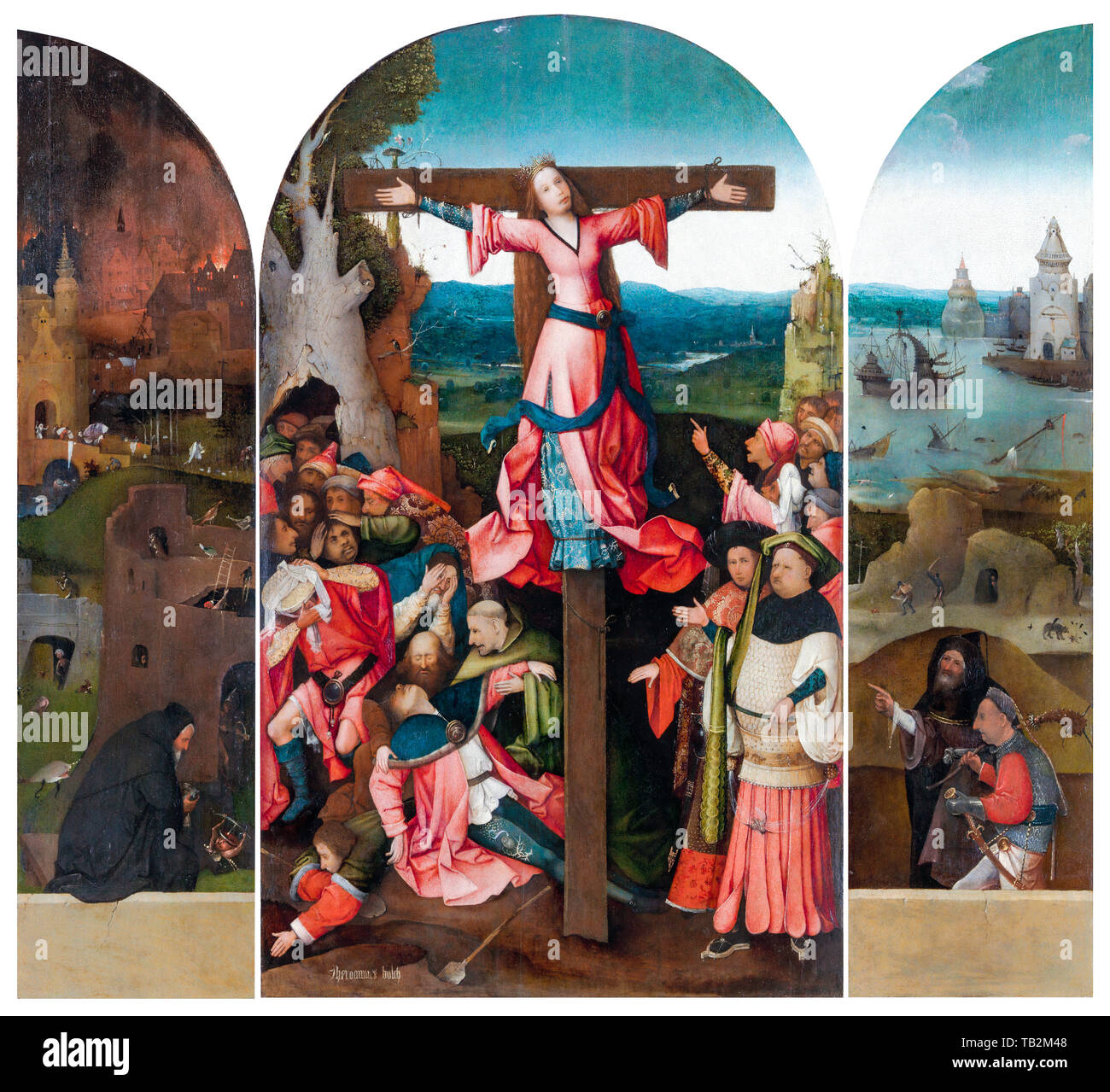 Hieronymus Bosch, Triptychon des Gekreuzigten Märtyrer, Malerei, ca. 1497 Stockfoto Hieronymus Bosch, Triptychon des Gekreuzigten Märtyrer, Malerei, ca. 1497 Stockfoto