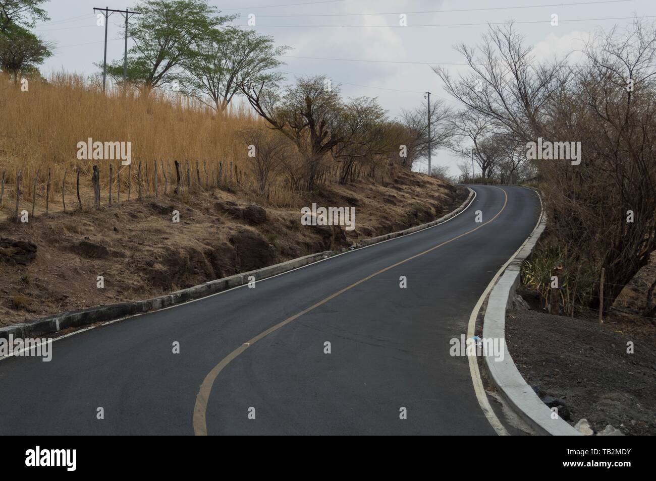 Eine Straße in perfektem Zustand, die viel passiert Trockene Vegetation Stockfoto