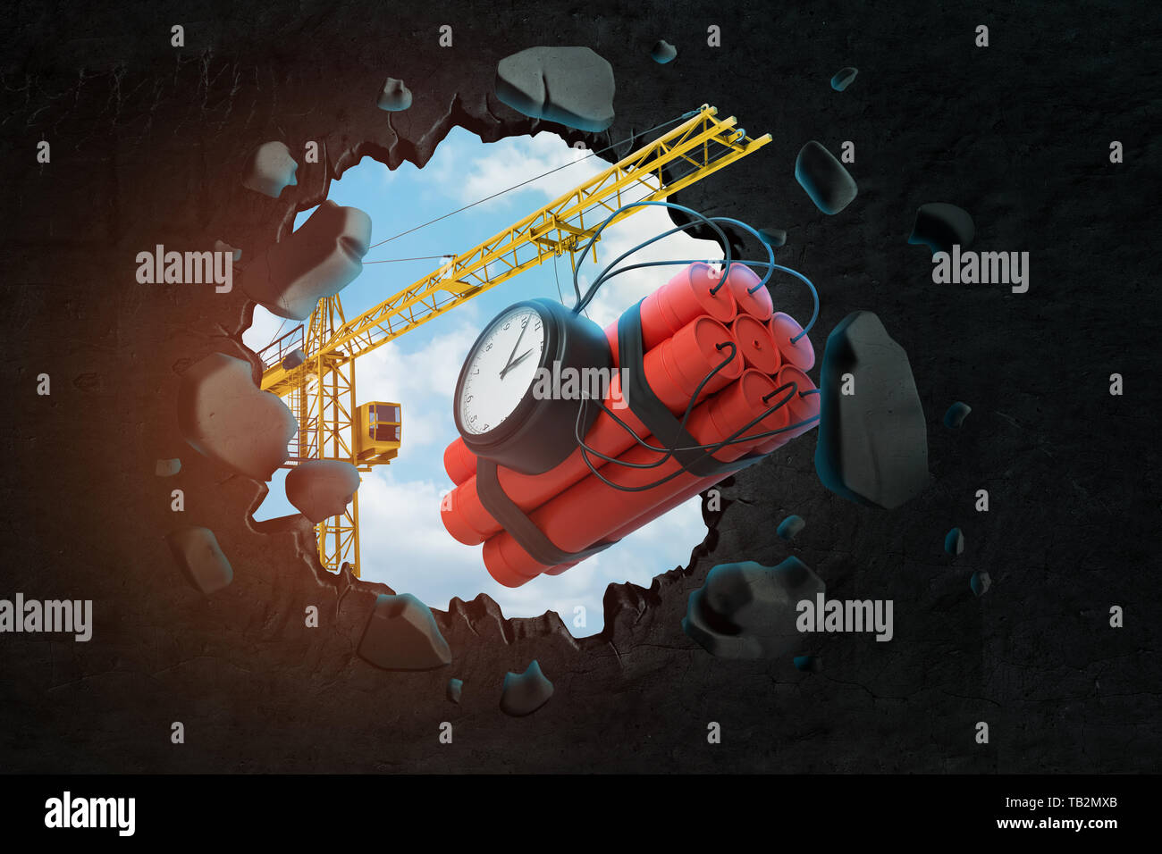 3D-Rendering von Hebekran mit Dynamit Bundle mit Zeitbombe und das Loch in die Wand, dass sie es mit blauem Himmel durch gesehen. Stockfoto