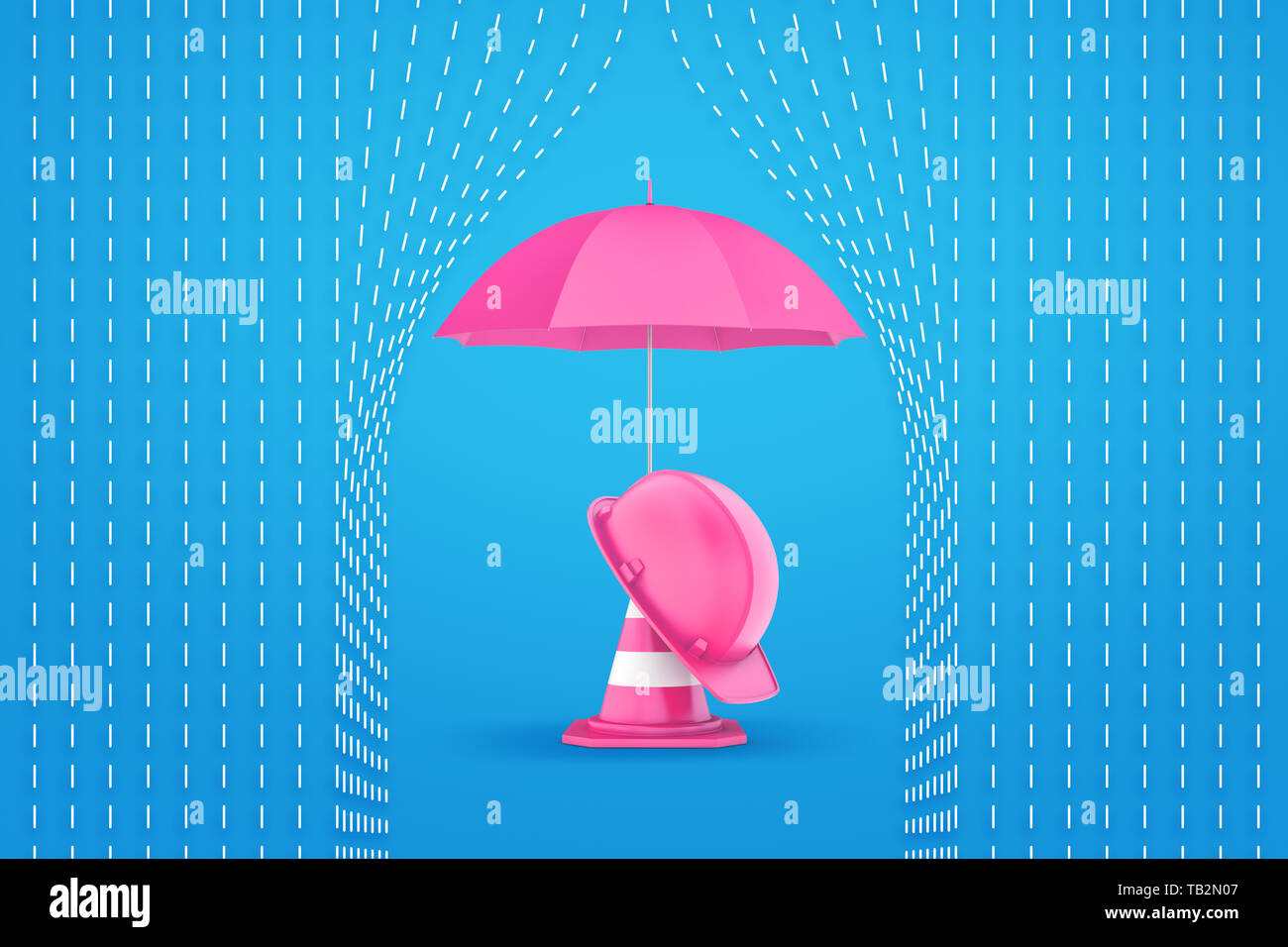 3D-Rendering von Pink not Kegel mit rosa Helm und rosa Regenschirm auf blau gestrichelte Linie regen Hintergrund Stockfoto