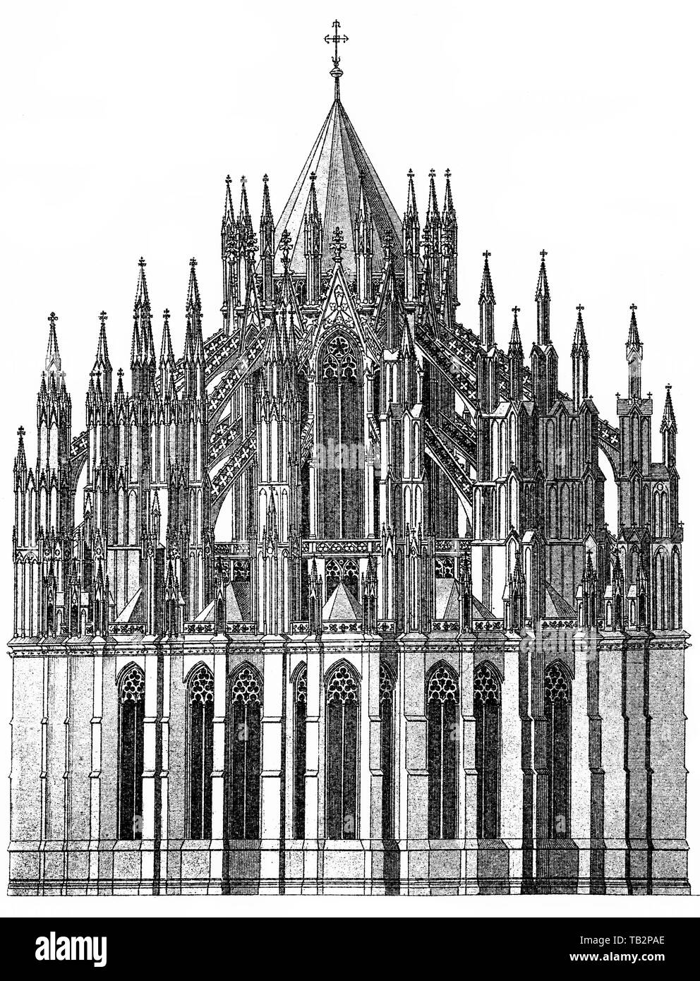 Historische Abbildung der Kölner Dom, Historische, zeichnerische Darstellung, Detail, äußere Ansicht der Chores, Dom Köln, Kölner Dom, /, UNESCO-Weltkulturerbe, Deutschland, Europa, 19. Jahrhundert, aus Meyers Konversations-Lexikon, 1889 Stockfoto