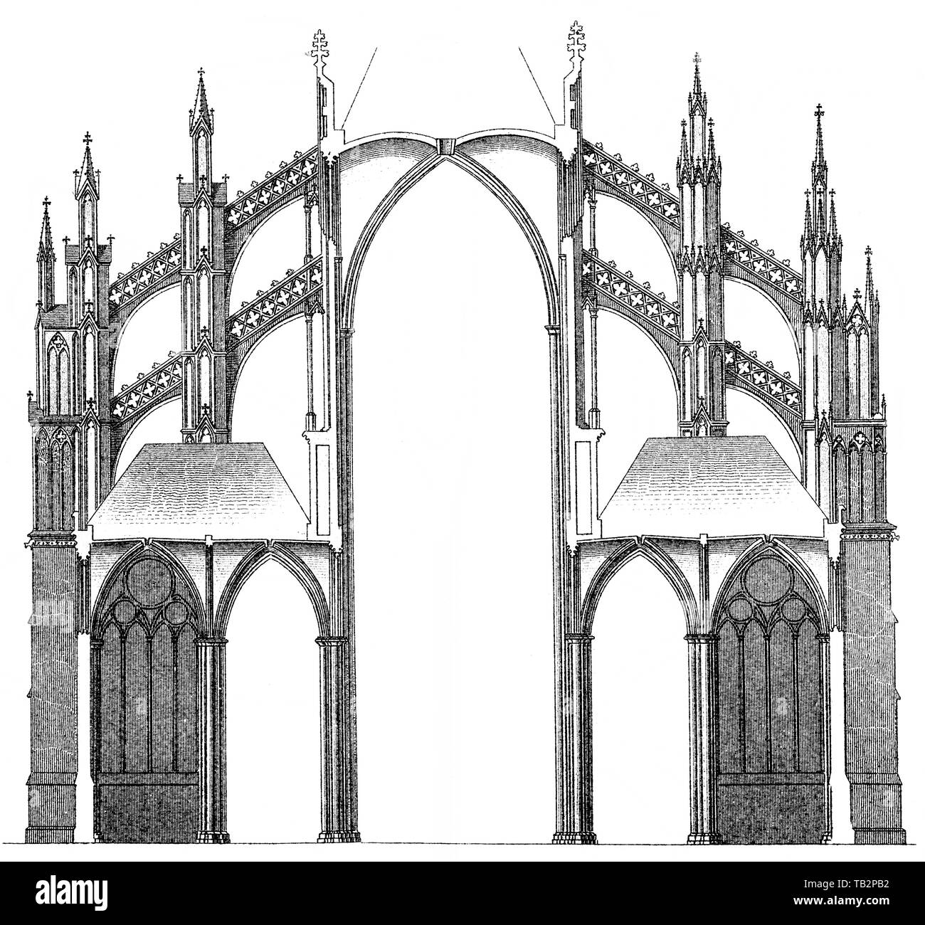 Historische Abbildung der Kölner Dom, Historische, zeichnerische Darstellung, Detail, senkrechter Querschnitt mit Ansicht der Strebepfeiler und Strebebogen, Dom Köln, Kölner Dom, /, UNESCO-Weltkulturerbe, Deutschland, Europa, 19. Jahrhundert, aus Meyers Konversations-Lexikon, 1889 Stockfoto