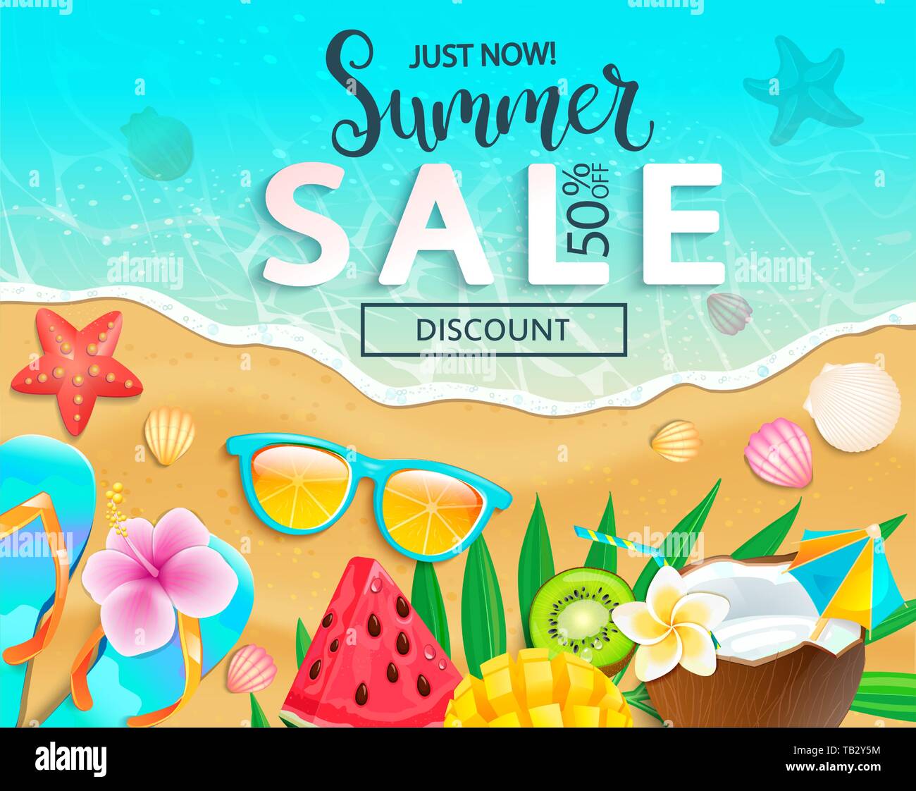 Summer Sale 2019 Ansicht von oben Banner. 50 Prozent Rabatt mit heißem Sand und Meer, Cocktail, Wassermelone, Mango, Kiwi, tropische Früchte am Strand. Bright Pro Stock Vektor