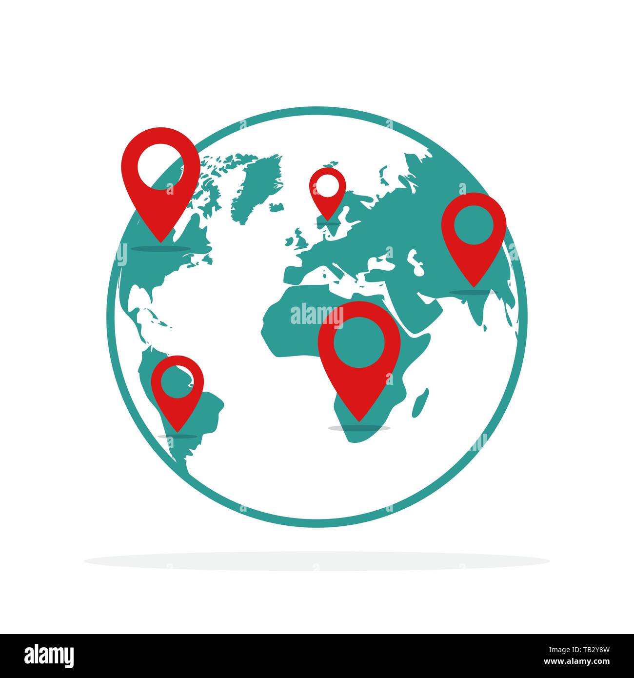 Der Planet Erde mit Standort Symbole. Vector Illustration. Konzept der Navigation. Erde mit GPS-Zeiger Stock Vektor