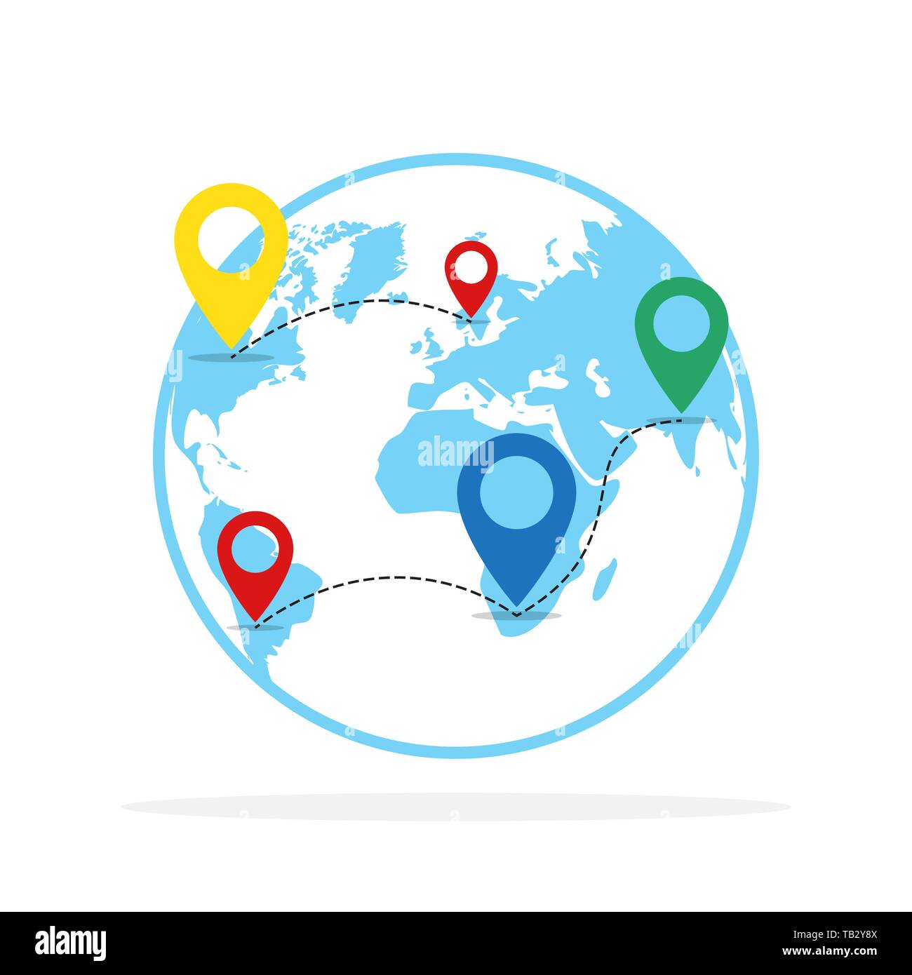 Der Planet Erde mit Standort Symbole. Vector Illustration. Konzept der Navigation. Erde mit GPS-Zeiger Stock Vektor