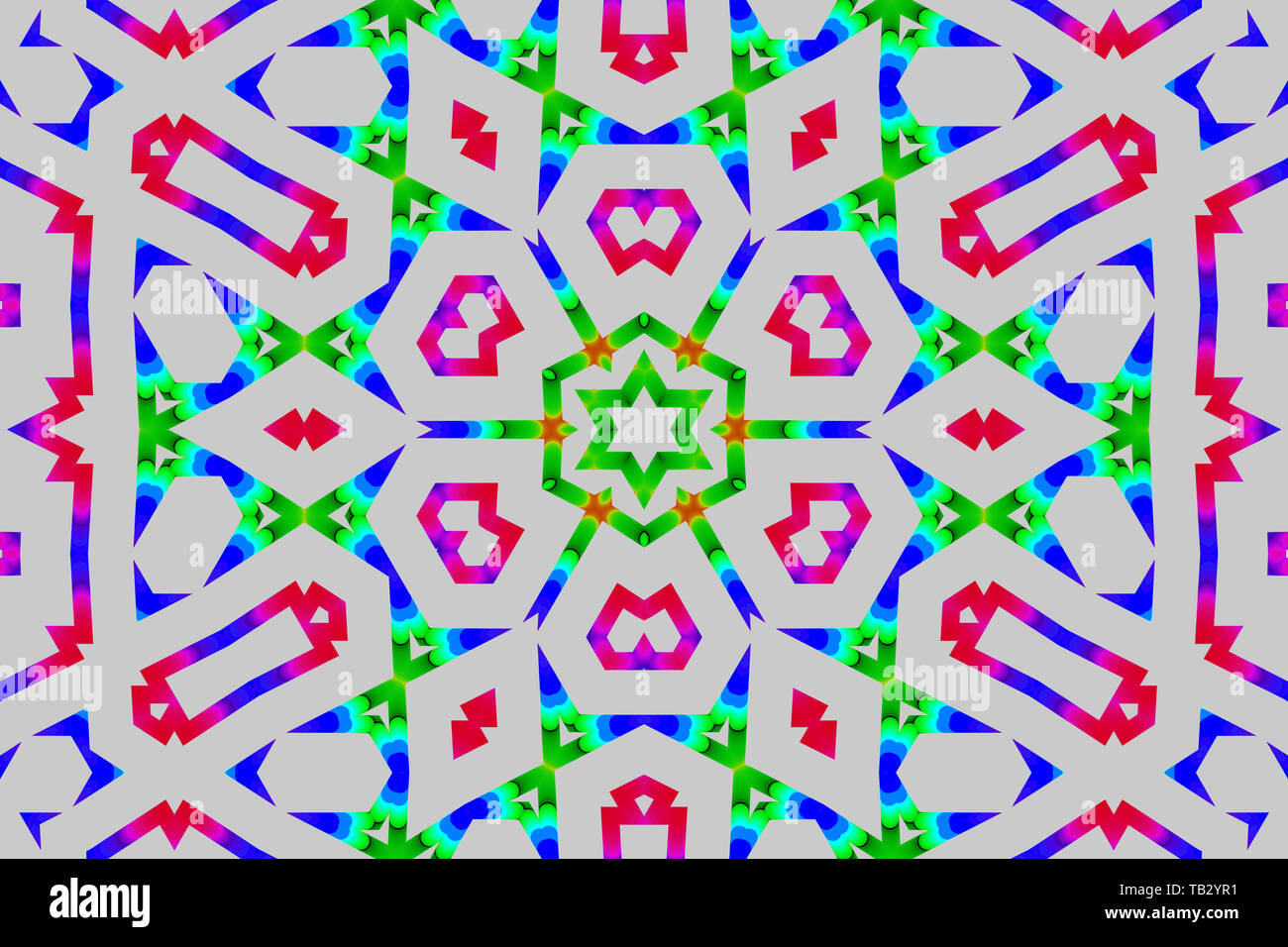 Schöne bunte Kaleidoskop Hintergrund. Unglaublich lebendige Muster von Kaleidoskop in Rosa, Blau und Grün. Blume Kaleidoskop Design für Ba Stockfoto