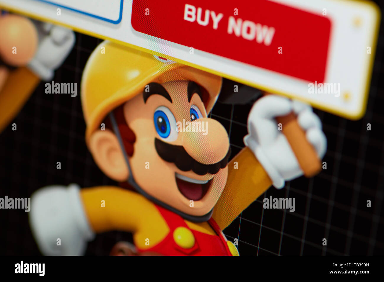 Prag - Mai 21, 2019: Closeup auf Super Mario - Charakter von Nintendo Plattform Video Game von der Seite Bildschirm fotografiert. Stockfoto