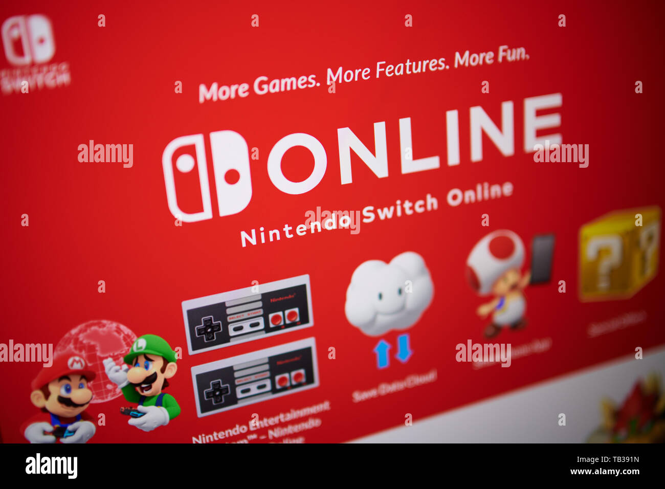 Prag - Mai 22, 2019: Closeup auf Nintendo Schalter online Service von der Website Bildschirm fotografiert. Stockfoto