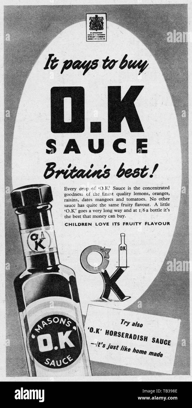 Mason's OK Sauce Anzeige 4 April 1953 Foto von Tony Henshaw Stockfoto