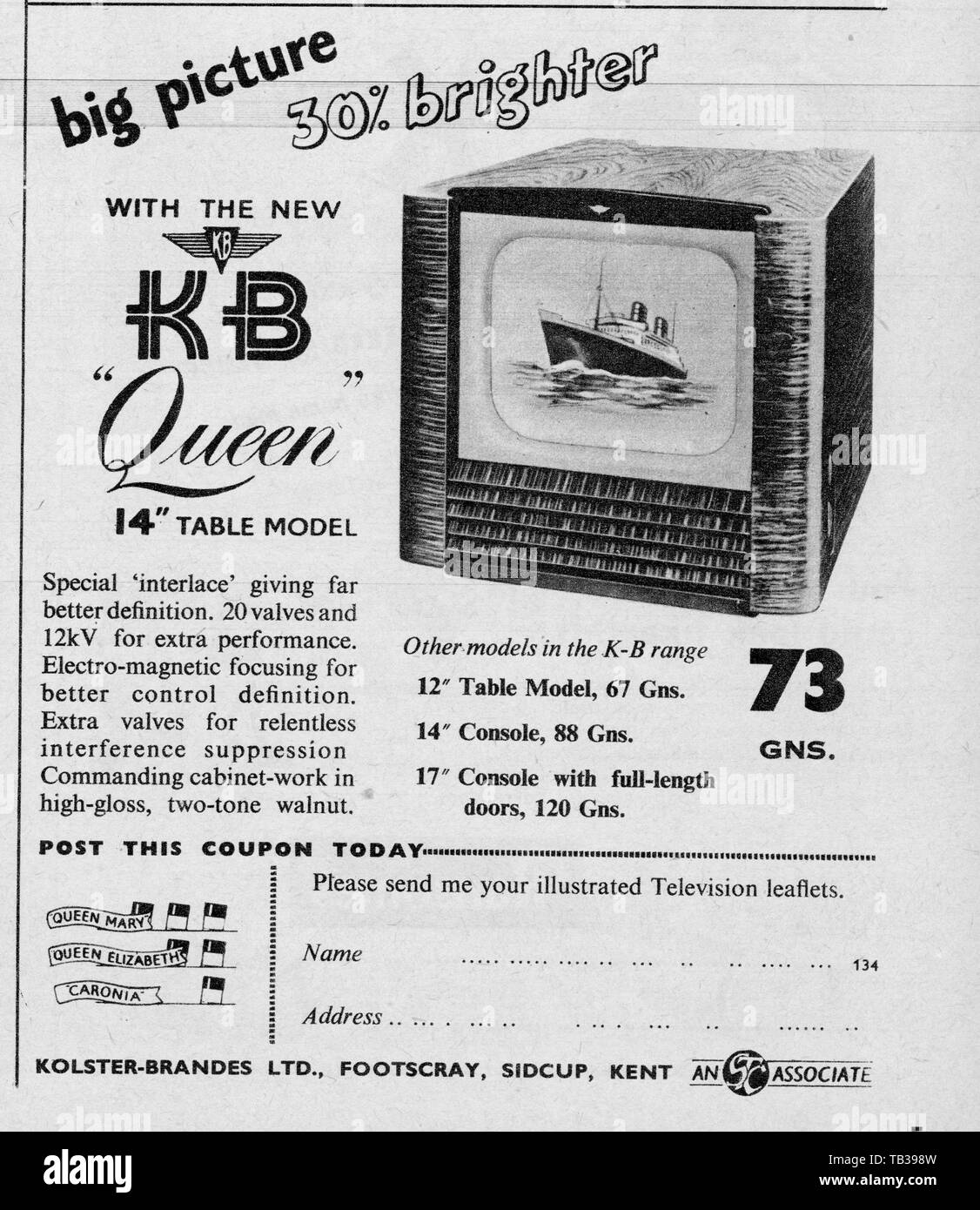 KB Königin Fernseher 14' Tisch Modell 73 Guineen Anzeige 4 April 1953 Foto von Tony Henshaw Stockfoto