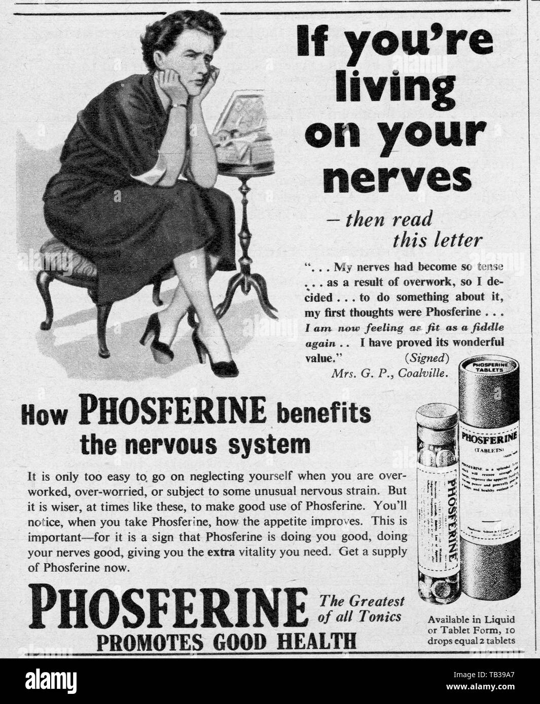 Phosferine Anzeige 4 April 1953 Foto von Tony Henshaw Stockfoto