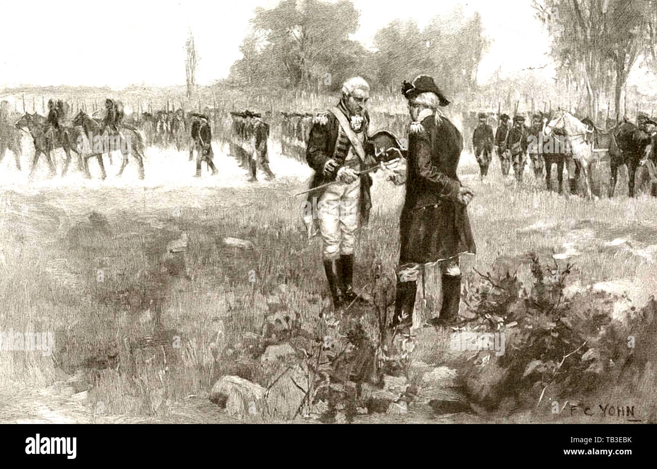 GENERAL John BURGOYNE kapituliert sein Schwert an Saratoga am 17. Oktober 1777 Stockfoto