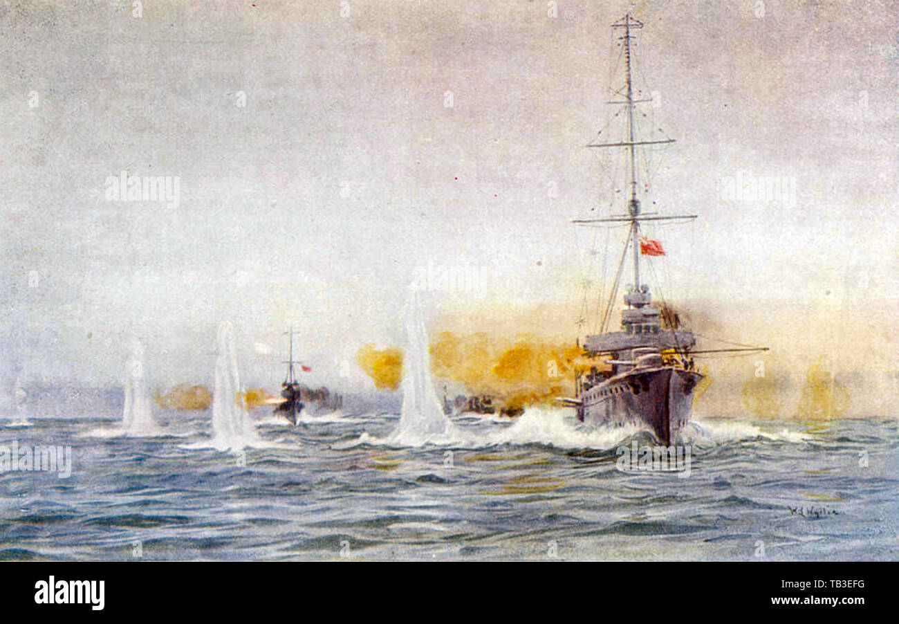 Schlacht von DOGGER BANK, dem 24. Januar, 1915. HMS Lion führt die 1 Battlecruiser Squadron das Feuern zu öffnen. Stockfoto