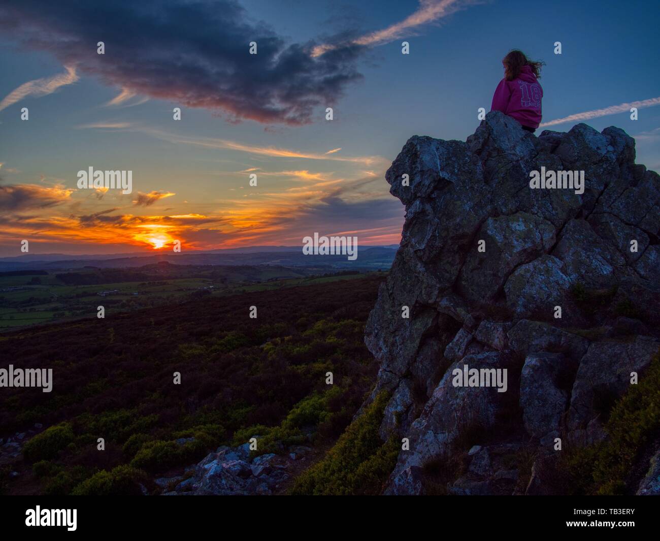 Sonnenuntergang gesehen von der Stiperstones, Shropshire, Großbritannien Stockfoto